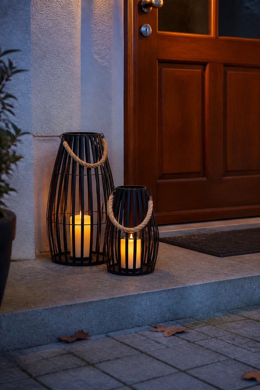 Zwei schwarze Metalllaternen mit LED-Kerzen auf einem geschützten Hauseingang