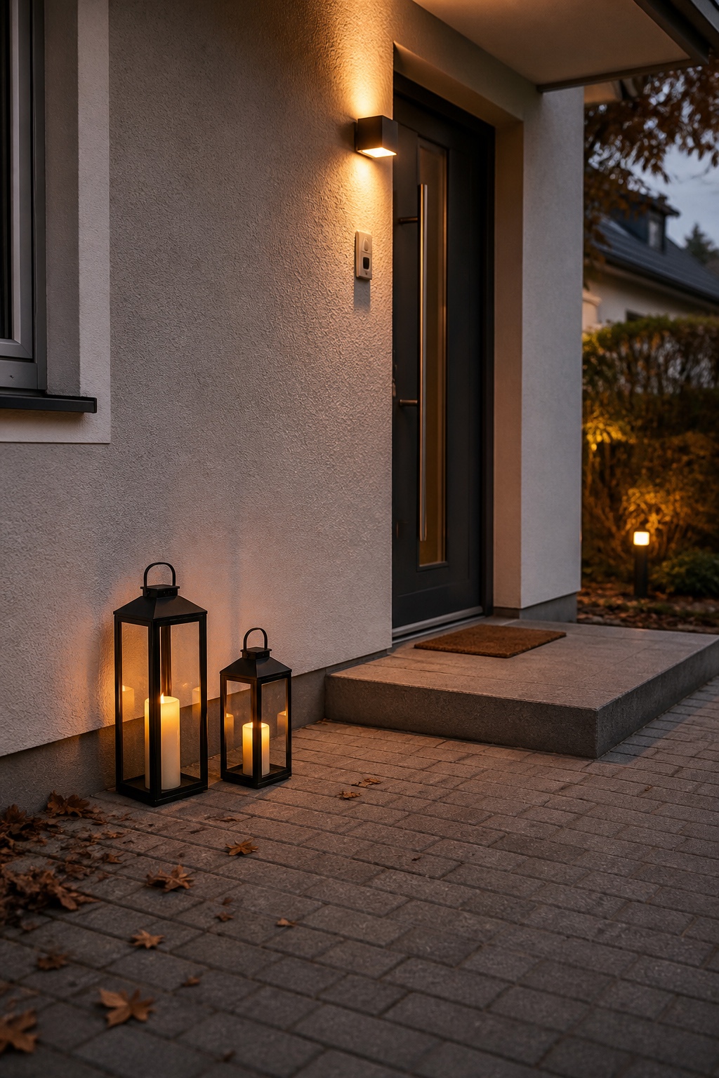 Zwei maßstäbliche schwarze Metalllaternen mit LED-Kerzen seitlich neben einer freien Eingangsstufe