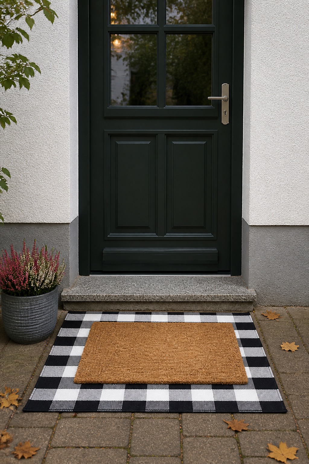 Schwarz weiß karierter Outdoor Vorleger unter einer Kokosmatte vor einer dunklen Haustür