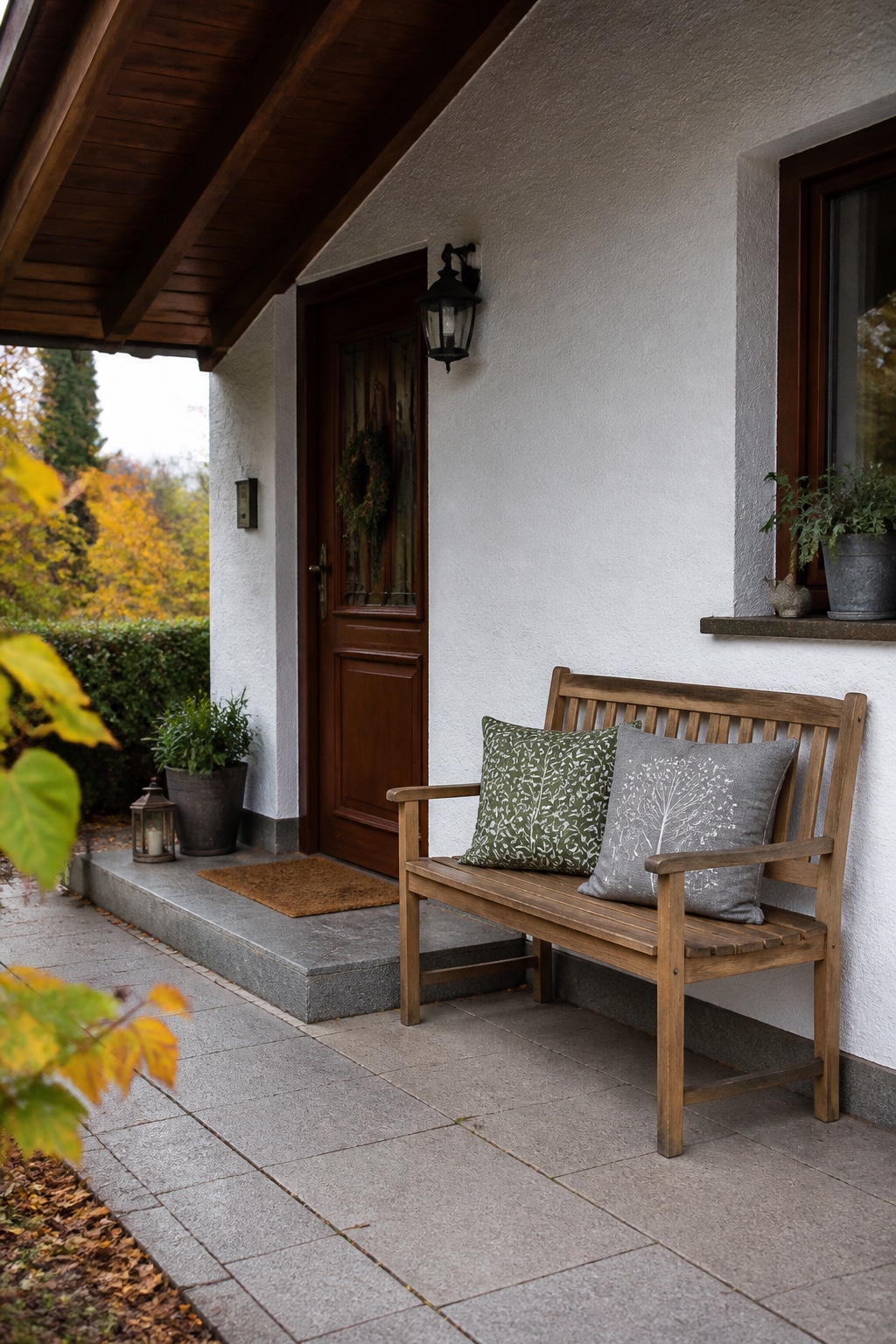 Zwei grün gemusterte Outdoor-Kissen auf einer geschützten Bank am Eingang