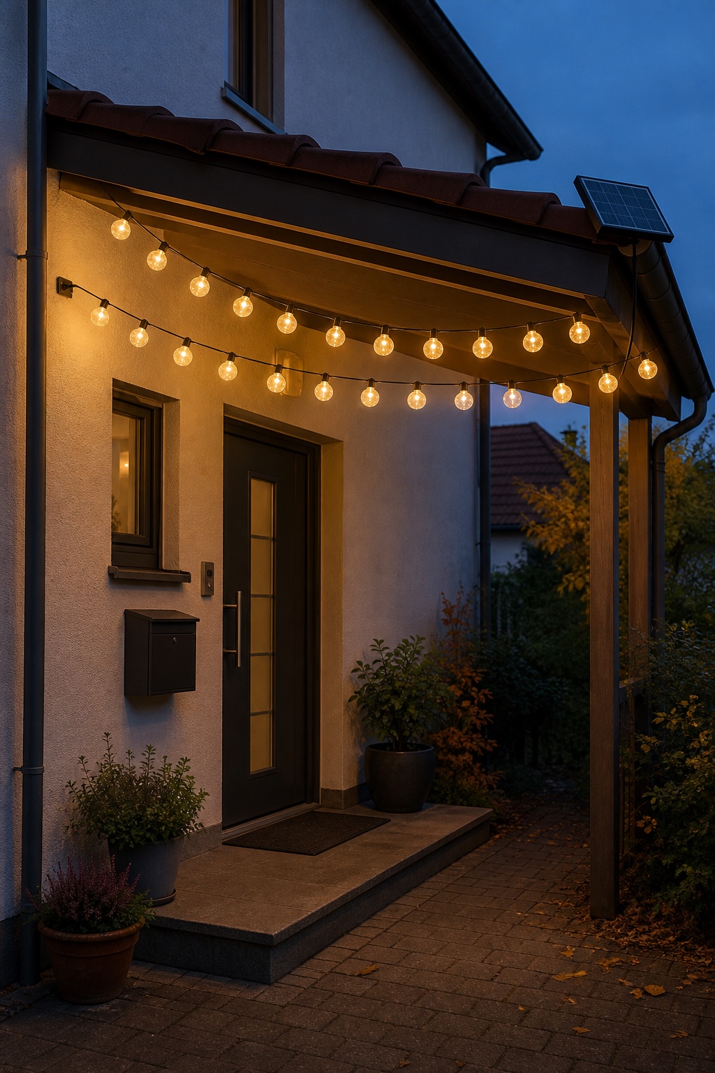 Warmweiße Solar-Lichterkette mit sichtbarem Solarpanel unter dem Vordach