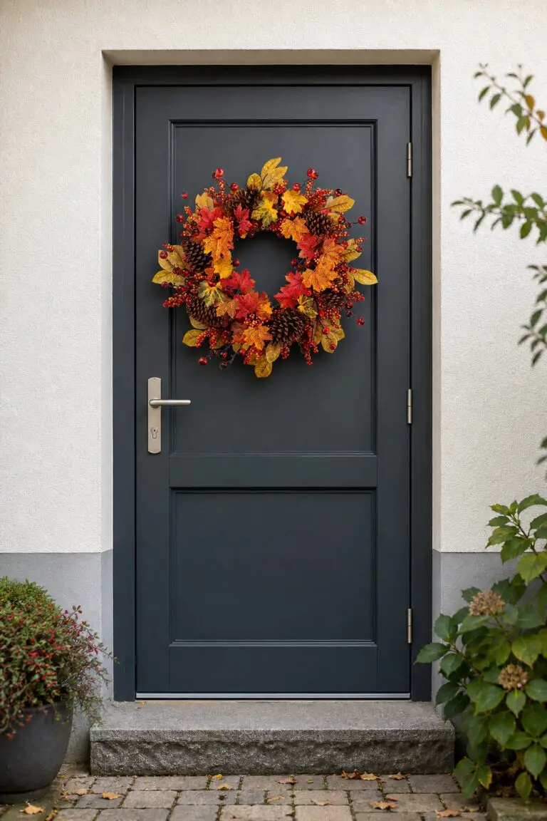 Bunter Herbstkranz mit Ahornblättern und Tannenzapfen an einer dunklen Haustür