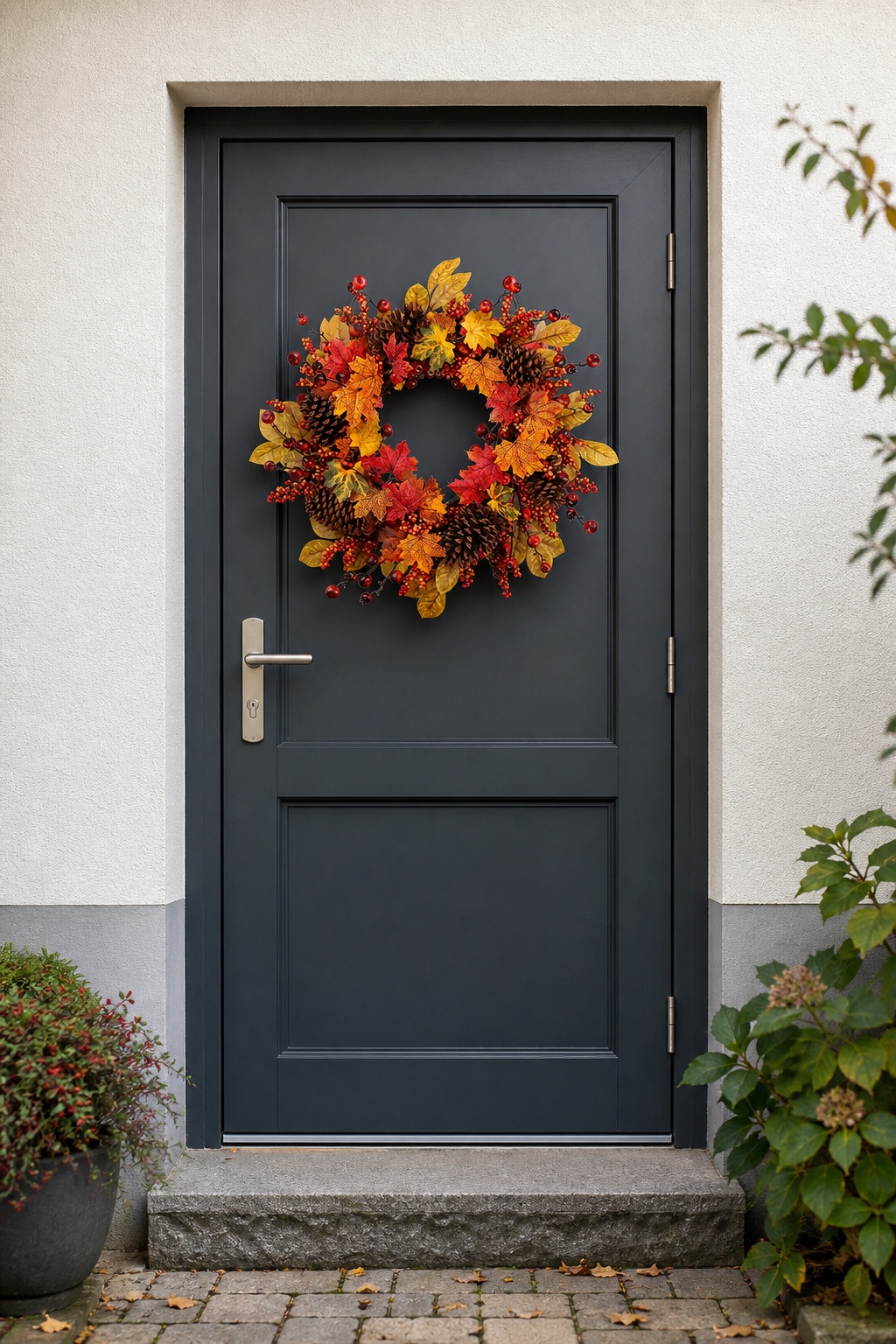 Bunter Herbstkranz mit Ahornblättern und Tannenzapfen an einer dunklen Haustür
