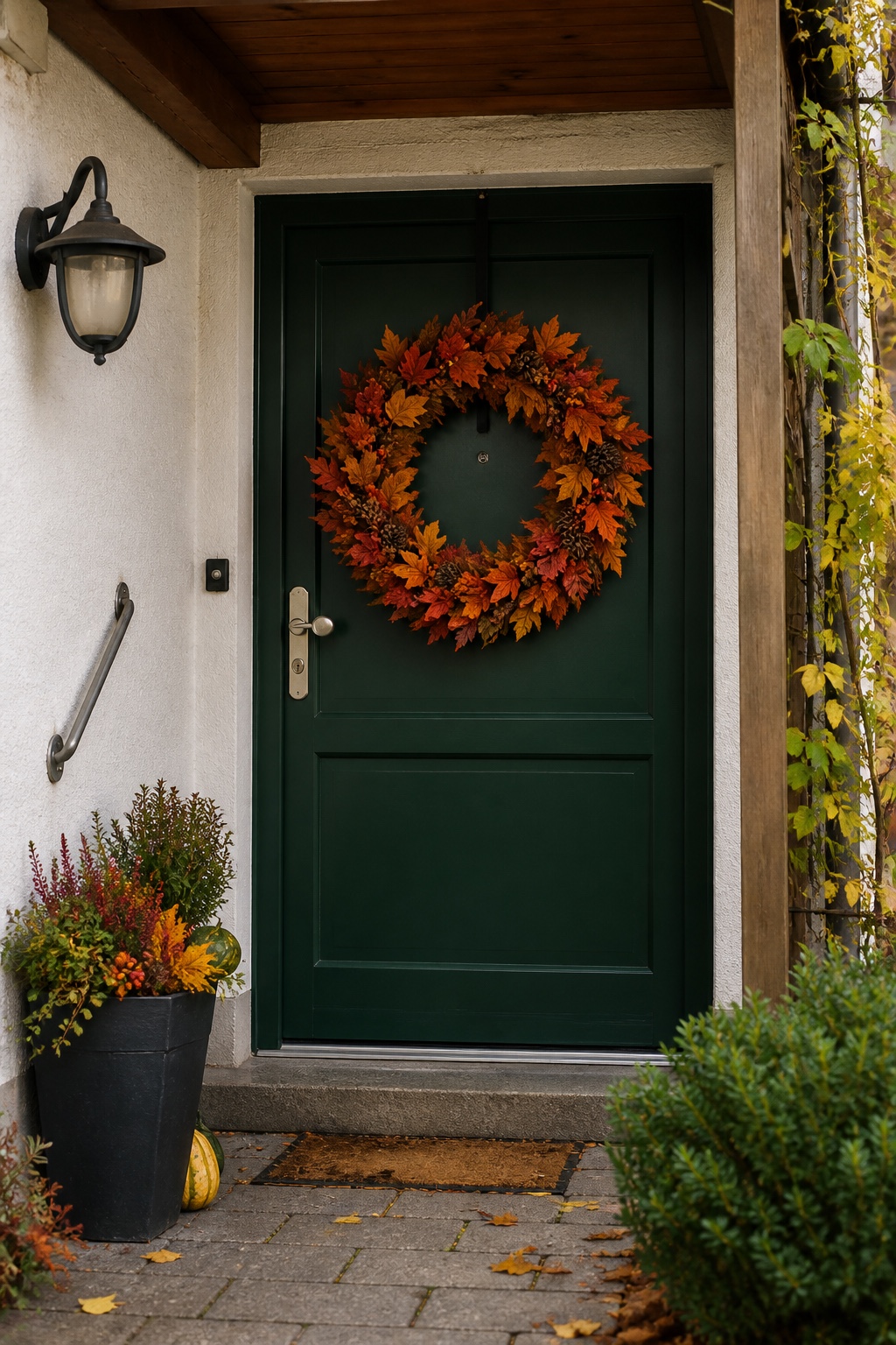 Großer herbstlicher Blätterkranz mittig an einer dunklen Haustür