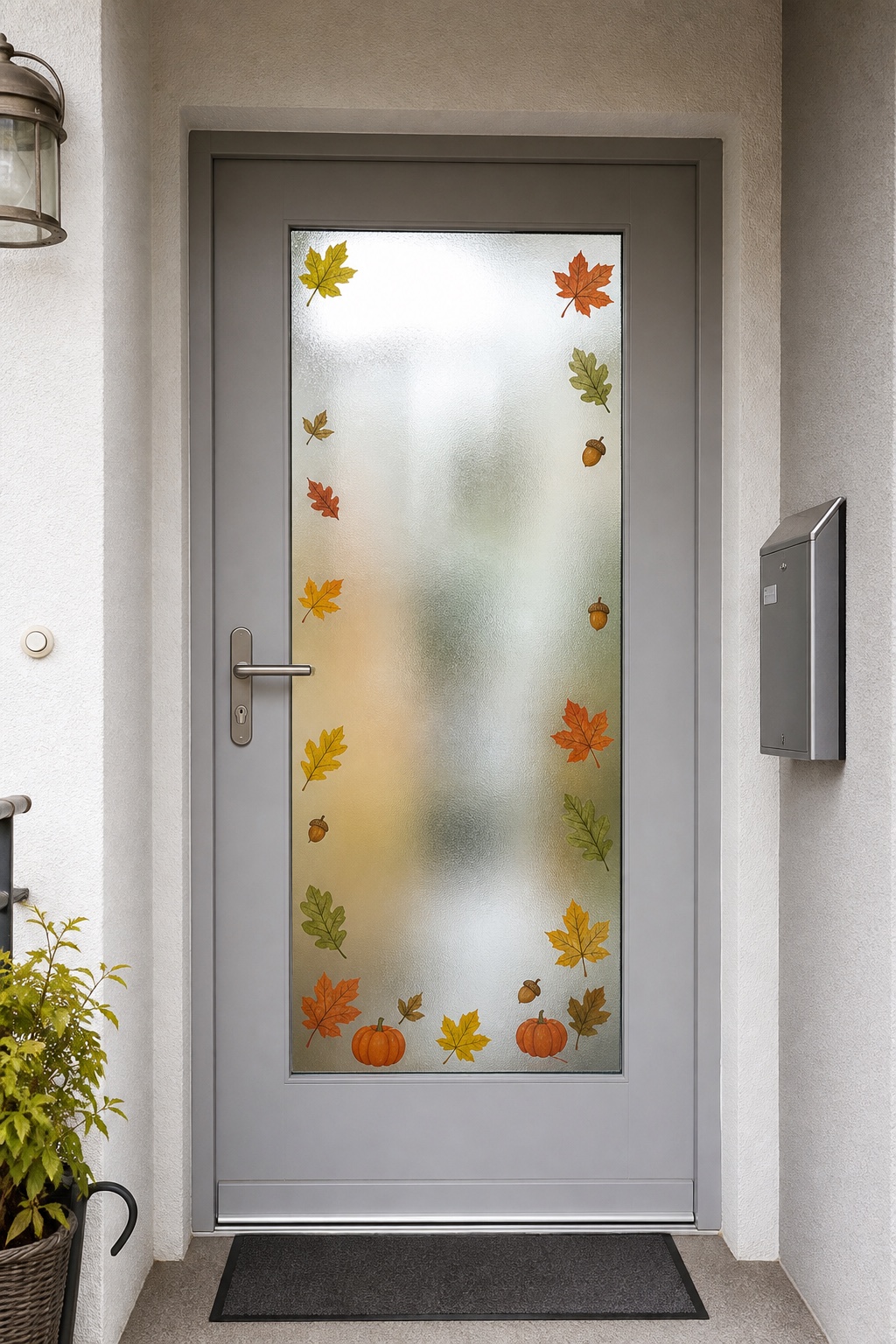Herbstliche Fensterbilder am Rand eines Glaseinsatzes in der Haustür