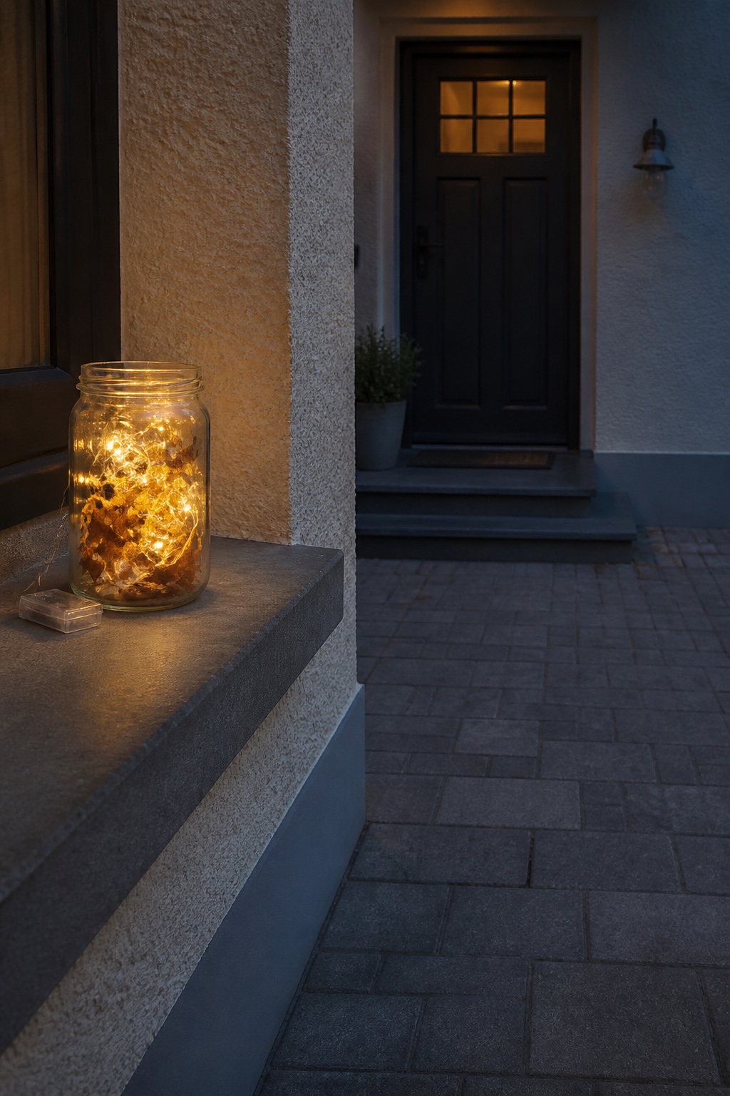 Glas mit warmweißer Mikro-Lichterkette auf einer geschützten Steinablage neben der Haustür