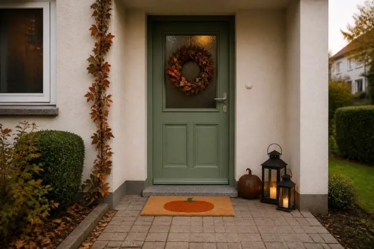 Herbstlich dekorierte grüne Haustür mit Kranz, Licht und Laternen