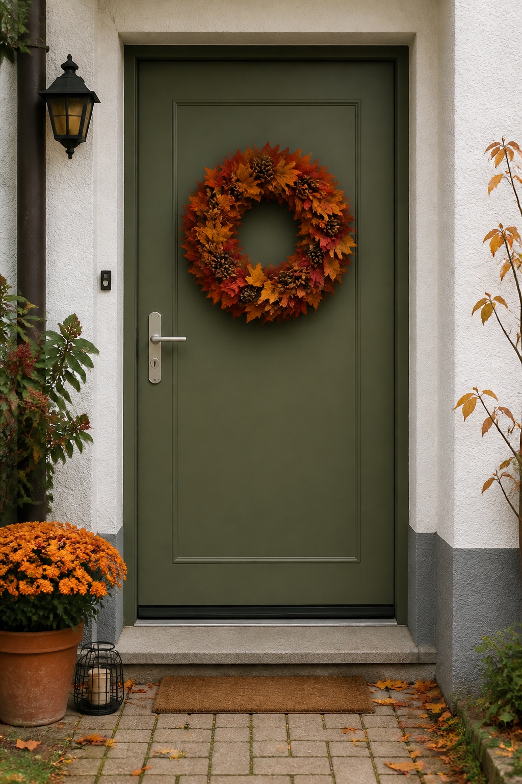 Großer Herbstkranz mittig auf einer geschlossenen grünen Haustür