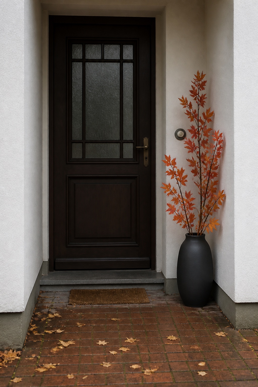 Hohe orange Herbstzweige in einer schweren Bodenvase neben der Haustür