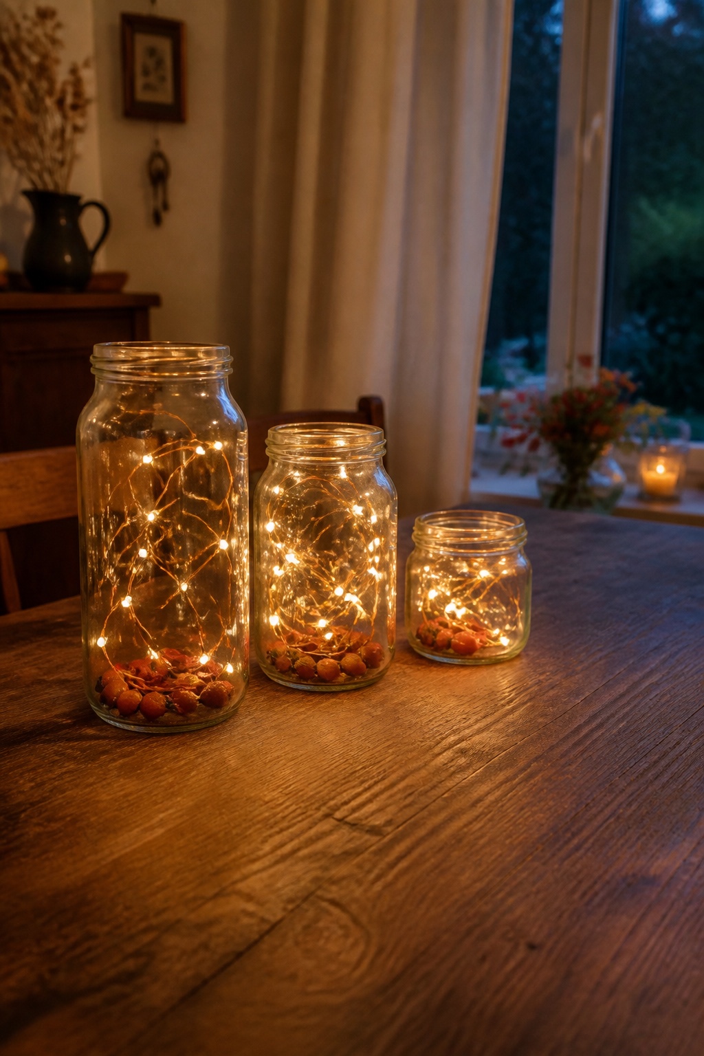 Drei verschieden hohe Gläser mit einer gemeinsamen warmweißen Lichterkette auf dem Esstisch
