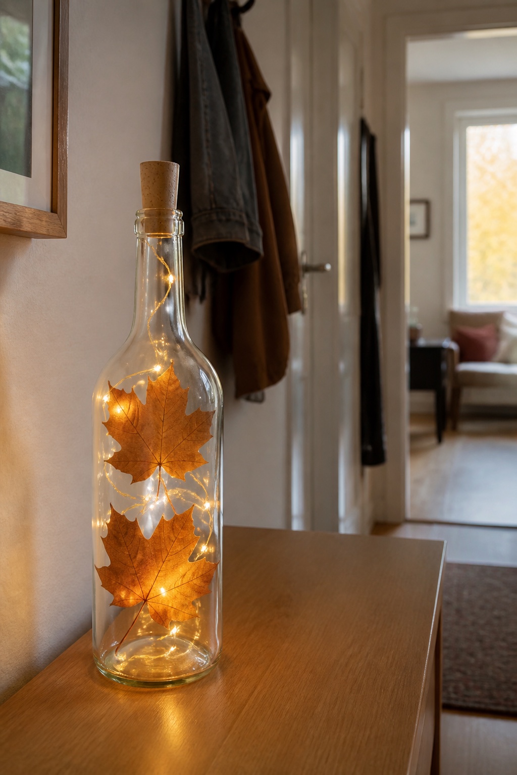 Klare Flasche mit warmweißer Korkenlichterkette auf einem schmalen Sideboard