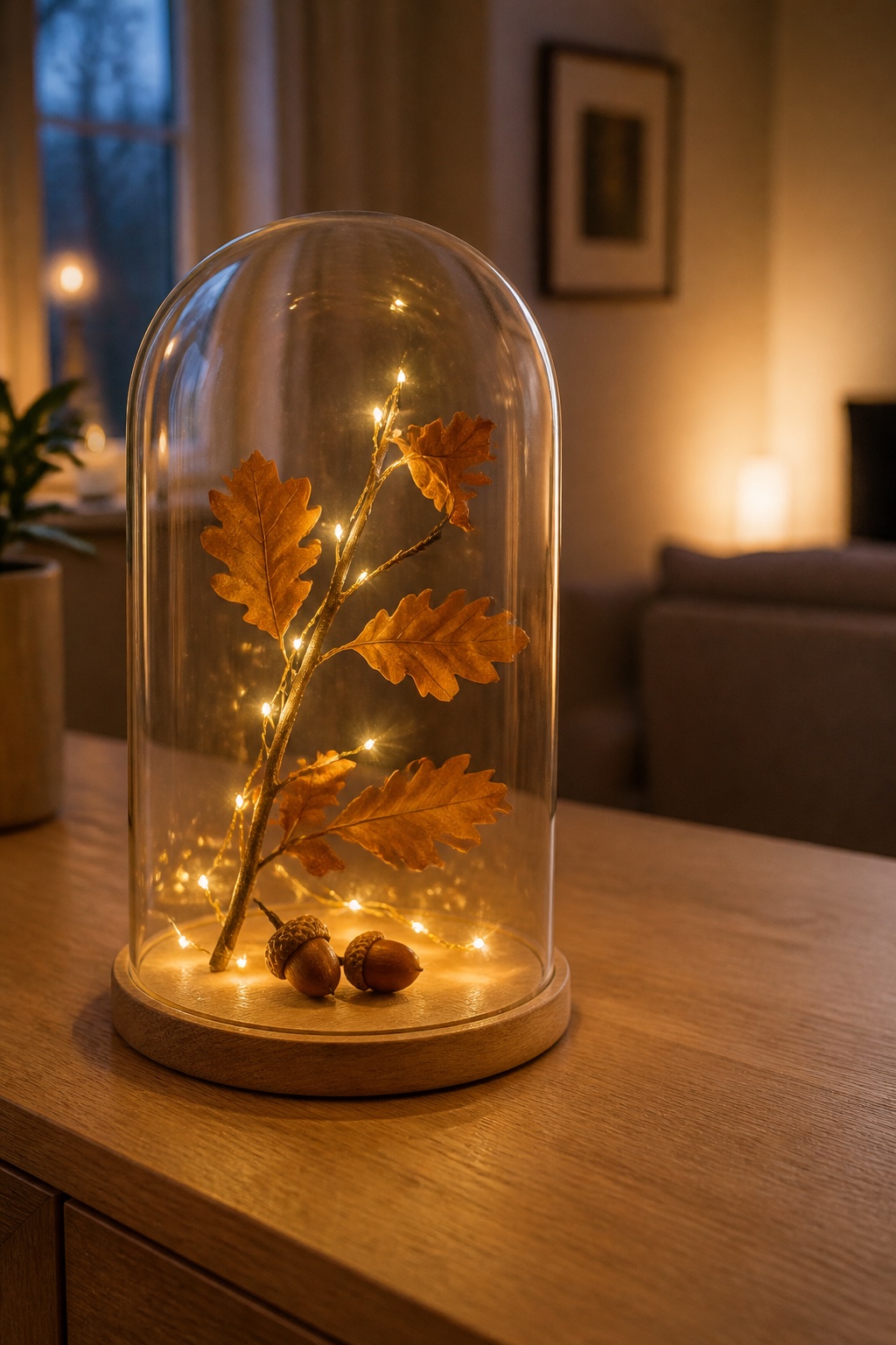 Glasglocke mit kleinem Herbstzweig und warmem Licht auf einem Holzsideboard
