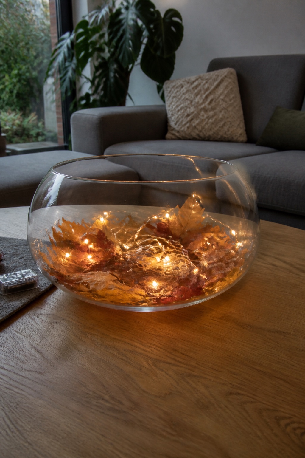 Flache klare Glasschale mit Herbstblättern und warmweißer Lichterkette auf einem Couchtisch