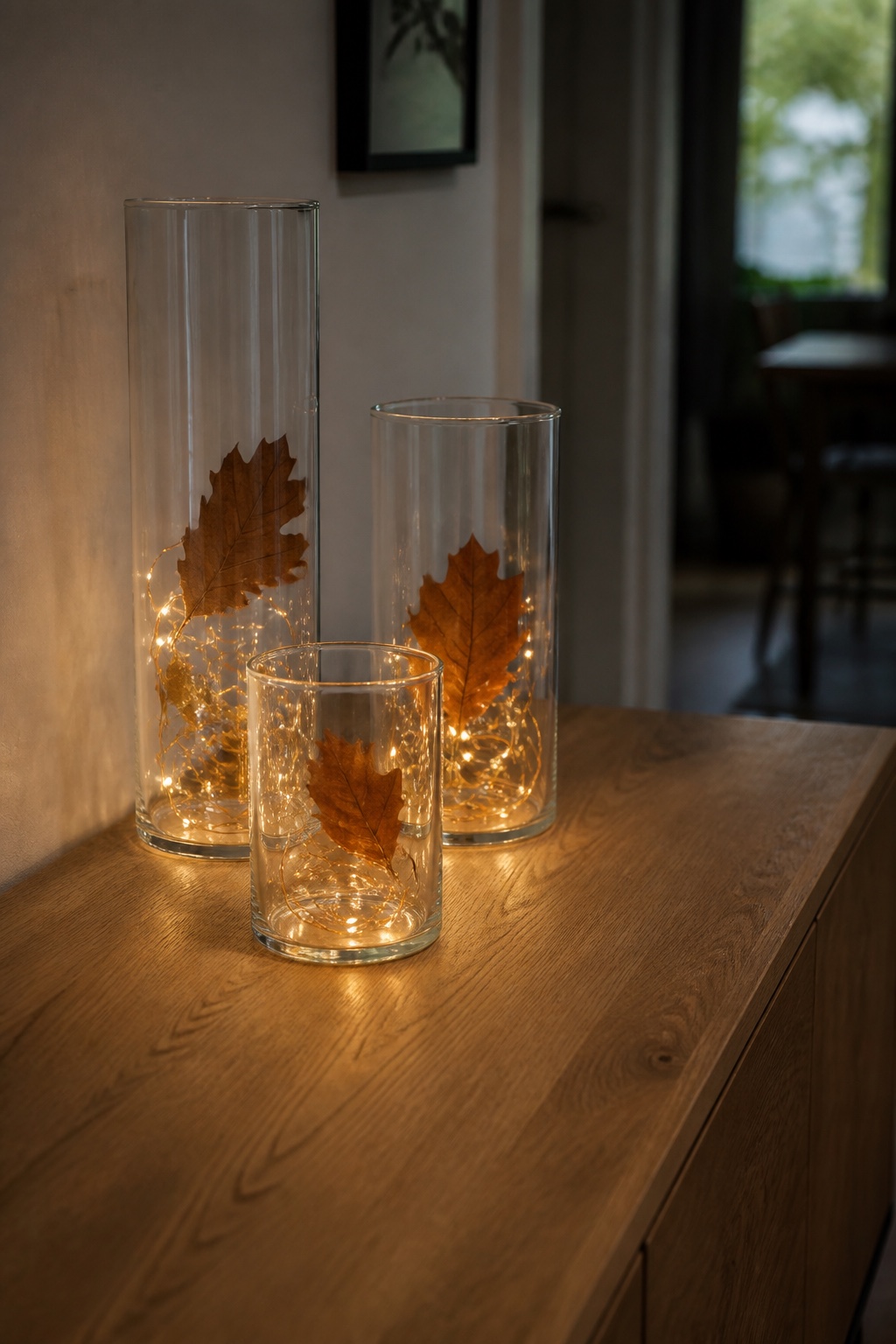 Drei Glaszylinder in unterschiedlichen Höhen mit warmem Drahtlicht auf einem Sideboard