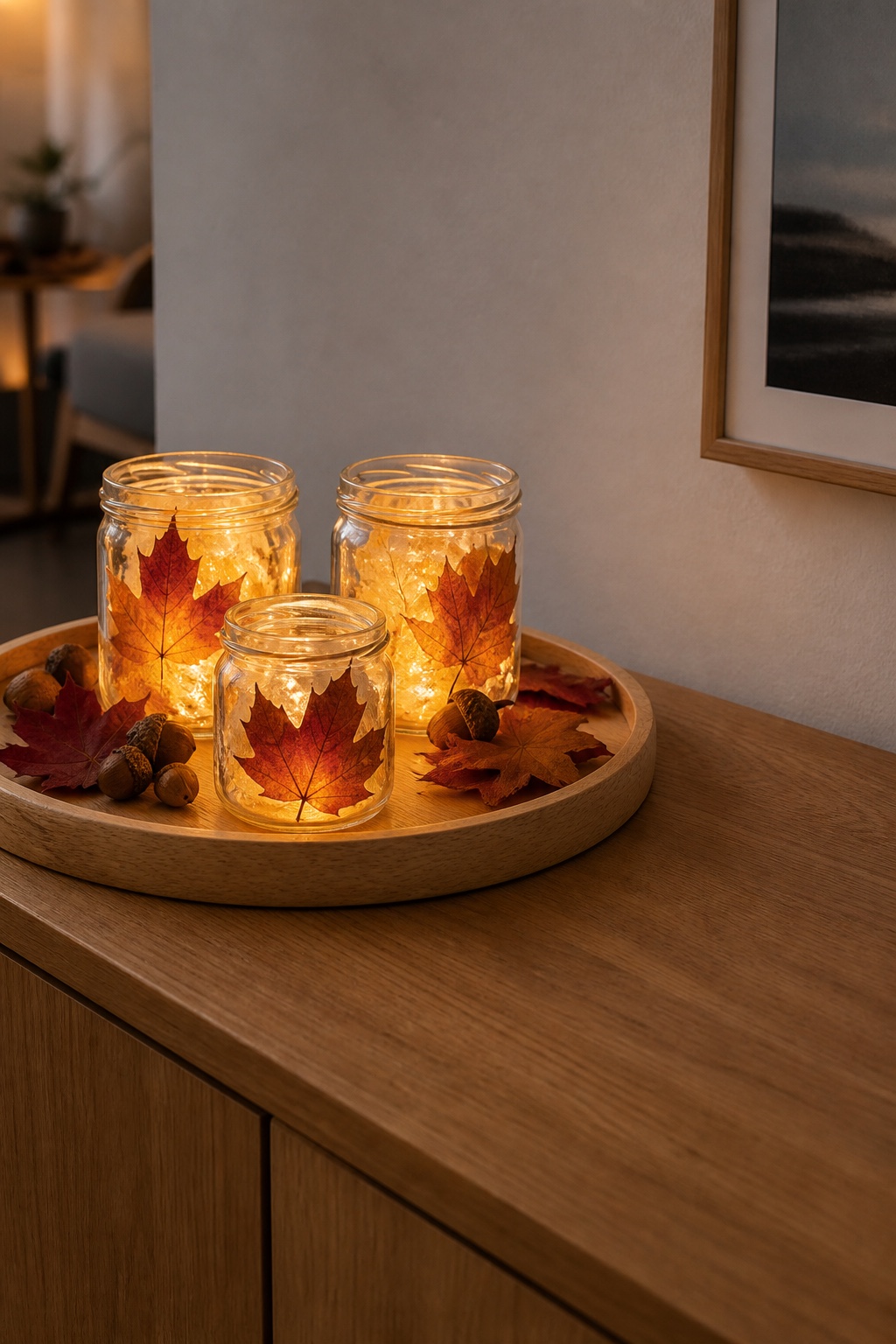Drei kleine Leuchtgläser mit Herbstblättern auf einem runden Holztablett