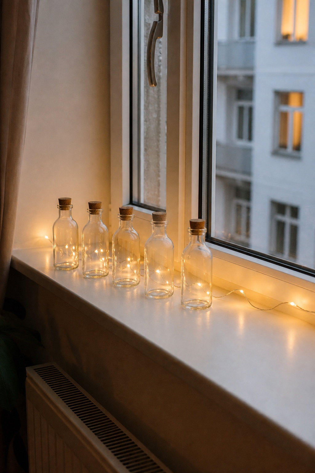 Fünf kleine Korkenflaschen mit warmem Drahtlicht auf einer freien Fensterbank