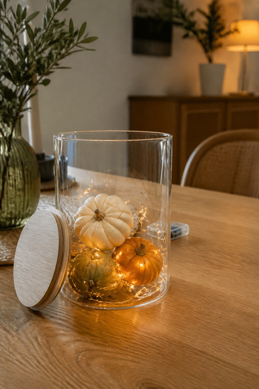Großes Vorratsglas mit kleinen Zierkürbissen und warmweißer Lichterkette auf einem Esstisch