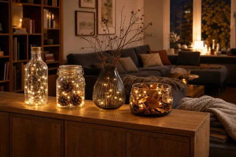 Herbstdeko im Glas mit Lichterketten auf einem Sideboard im Wohnzimmer