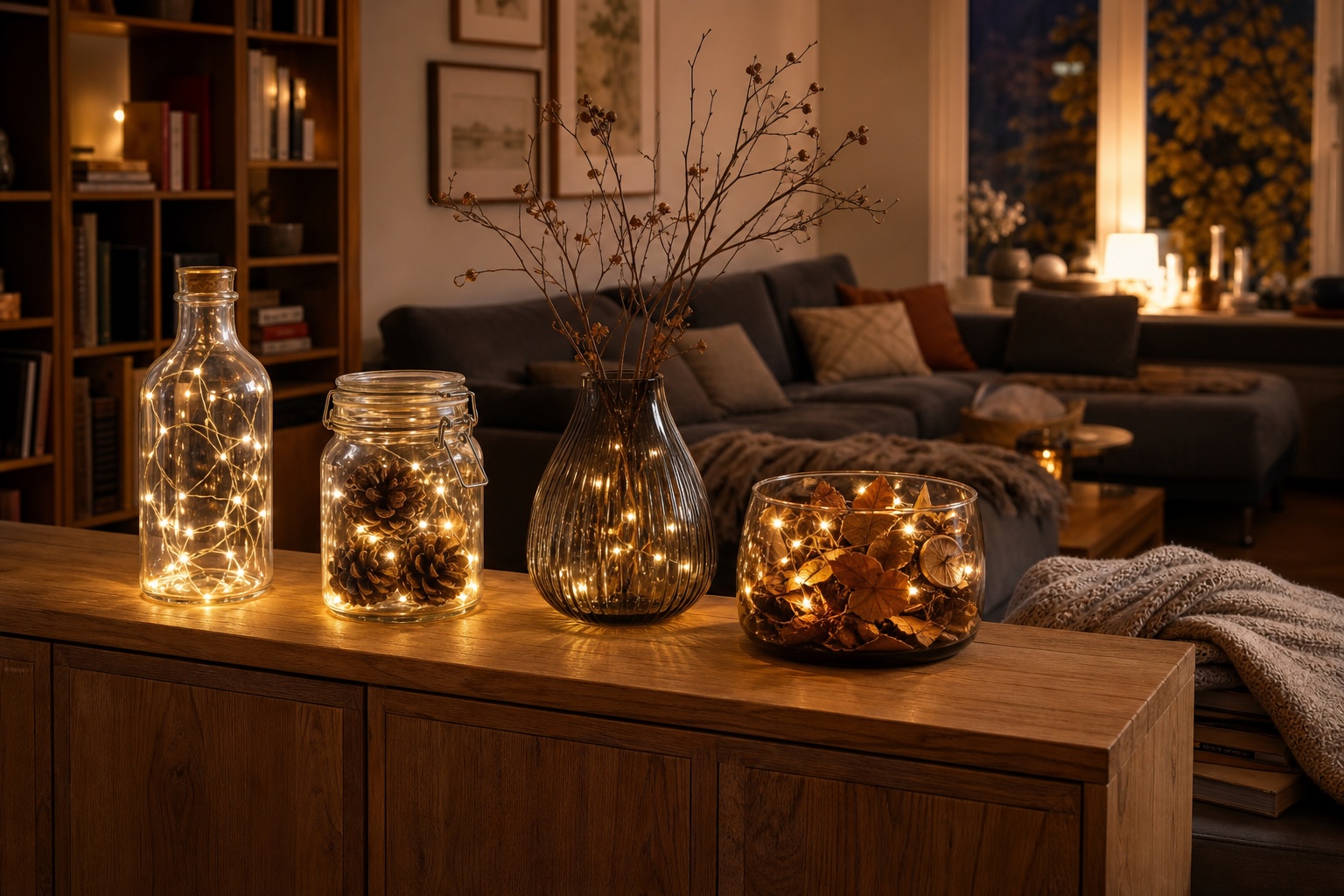 Herbstdeko im Glas mit Lichterketten auf einem Sideboard im Wohnzimmer