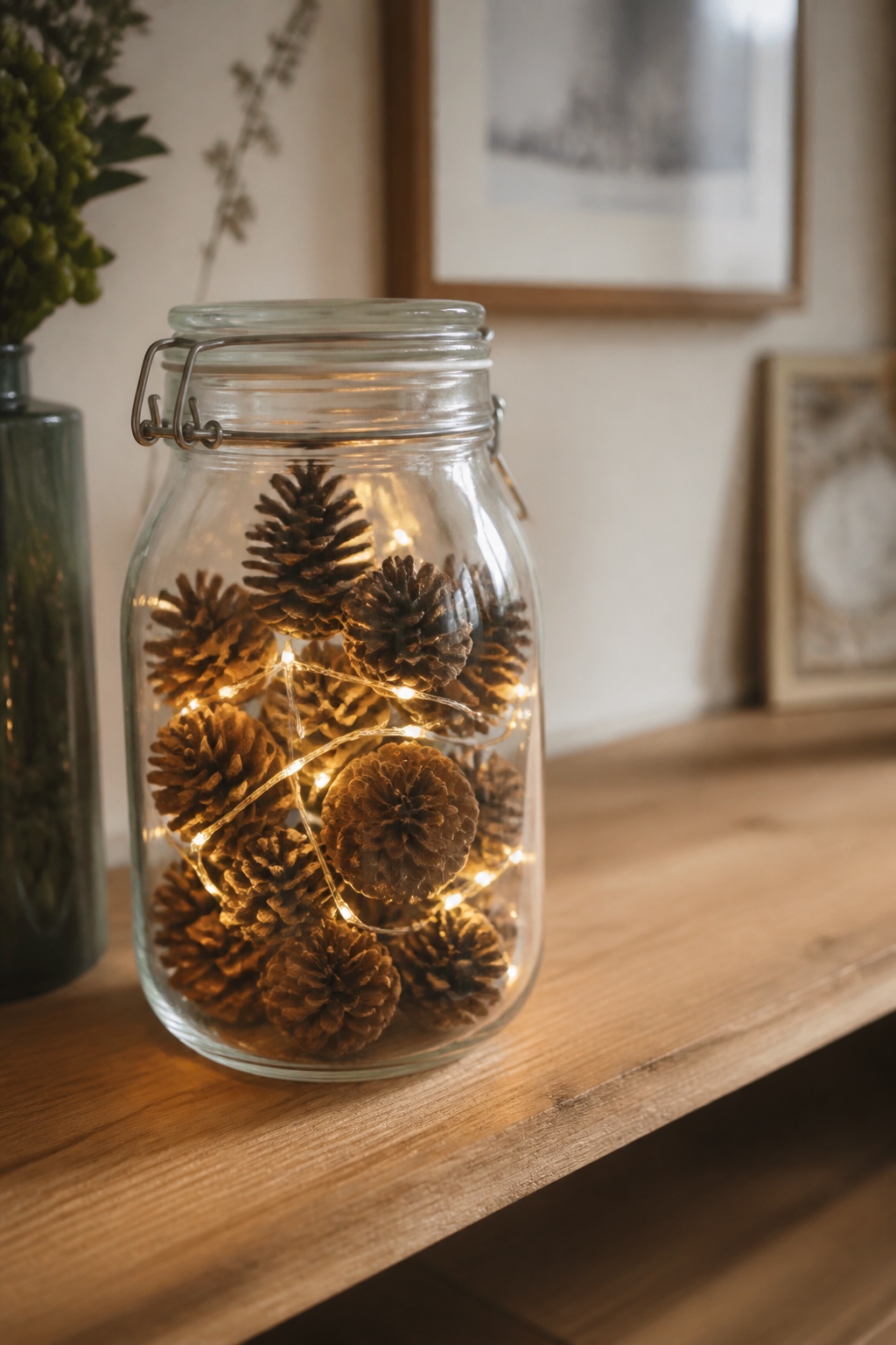 Großes Bügelglas mit kleinen Zapfen und warmen Lichtpunkten auf einem Holzregal