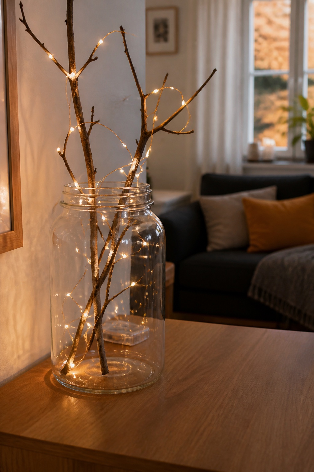 Schraubglas mit feinen Zweigen und warmweißer Drahtlichterkette auf einer Kommode