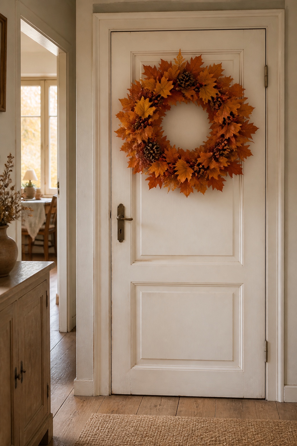 Großer Herbstkranz an einer geschlossenen weißen Kassettentür im Landhausstil