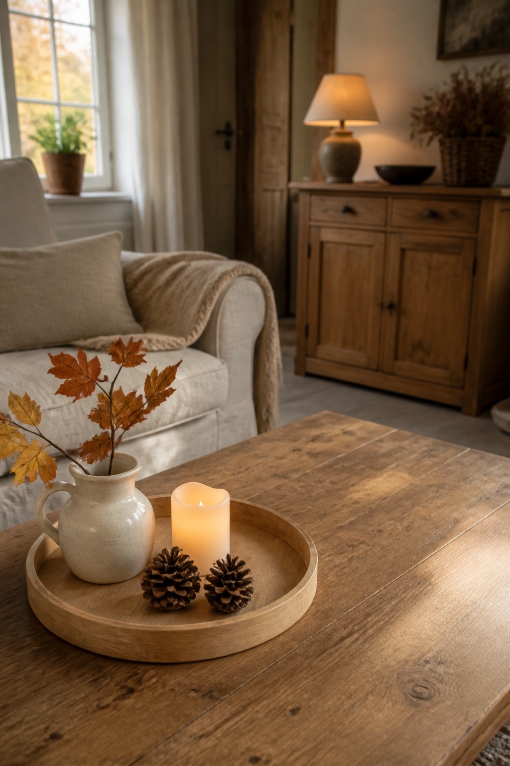 Rundes Holztablett mit LED-Kerze, kleinem Keramikkrug und Herbstzweig auf einem Couchtisch