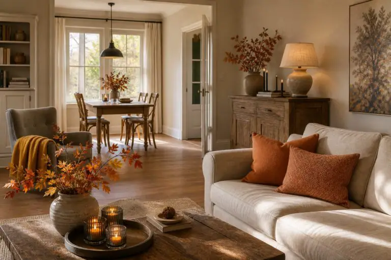 Herbstdeko im Landhausstil mit Holz, orangefarbenen Textilien und warmem Licht