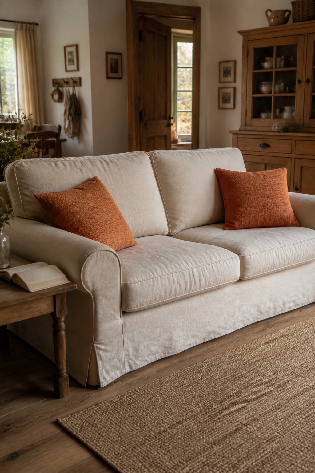 Zwei orange Kissen auf einem hellen Leinensofa in einem bewohnten Landhaus-Wohnzimmer