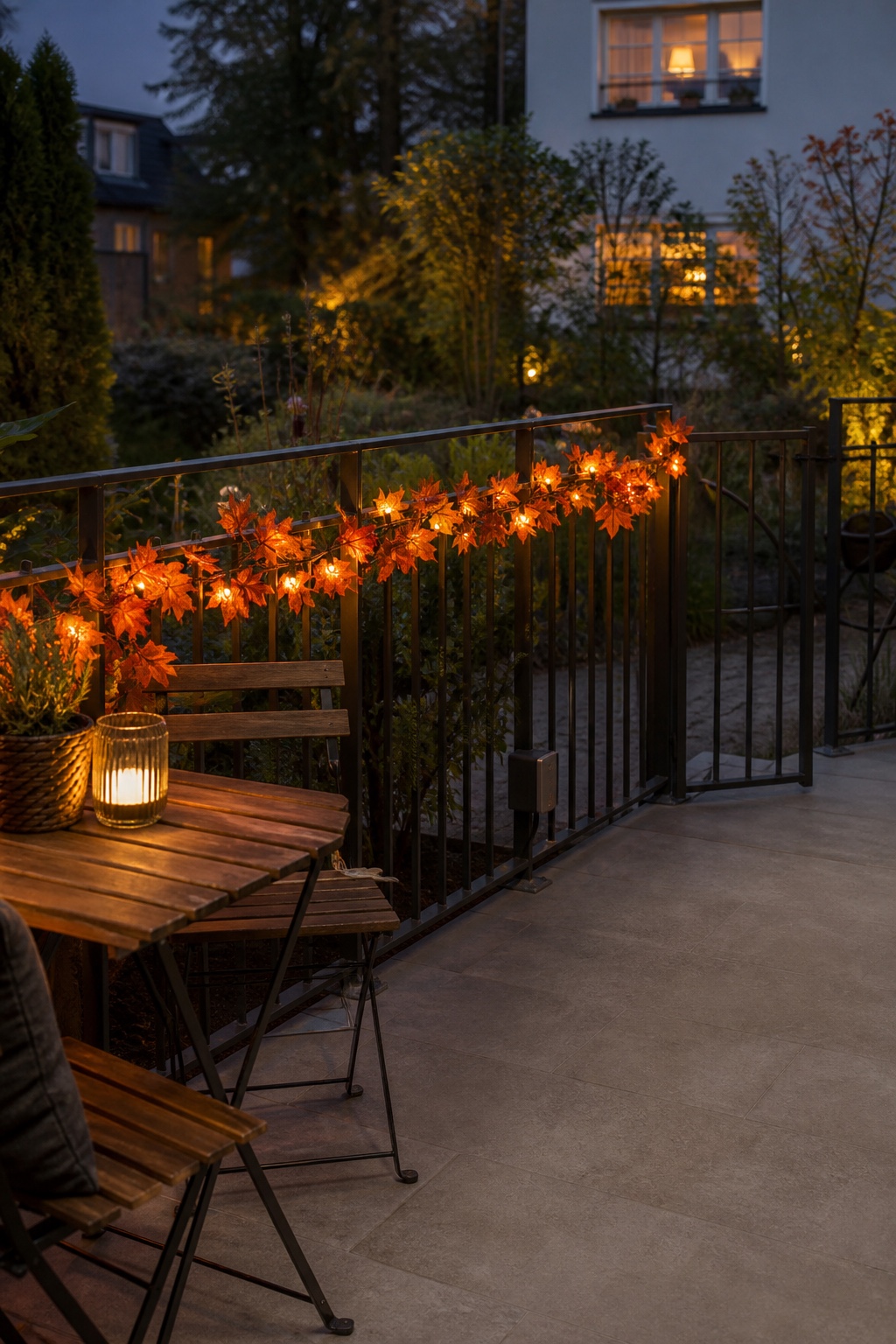 Beleuchtete Herbstblättergirlande sicher am Terrassengeländer befestigt