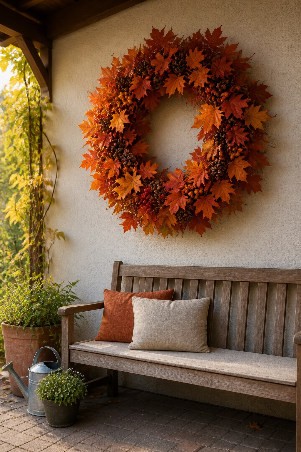 Großer Herbstkranz an einer trockenen Hauswand über einer Terrassenbank