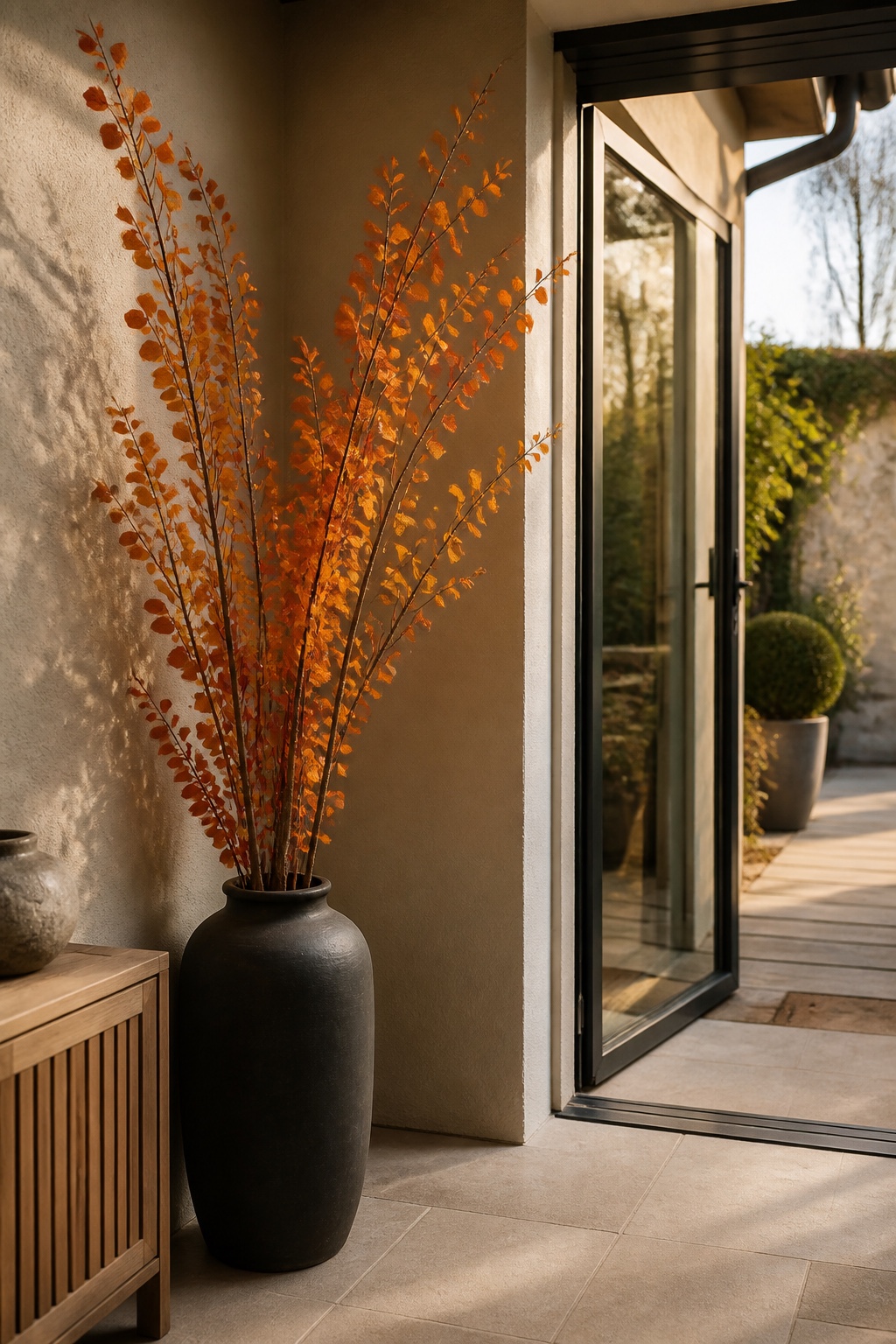 Lange orangefarbene Herbstzweige in einer schweren Bodenvase an der Terrassenwand