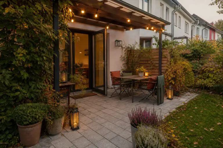 Herbstlich dekorierte deutsche Terrasse mit Sitzgruppe, warmem Licht und freien Wegen