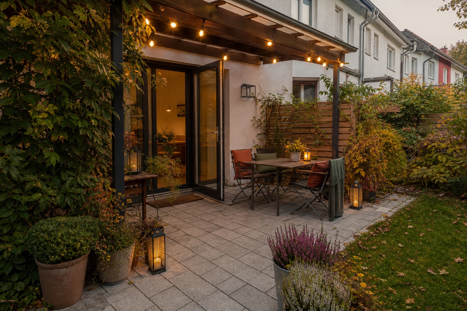 Herbstlich dekorierte deutsche Terrasse mit Sitzgruppe, warmem Licht und freien Wegen
