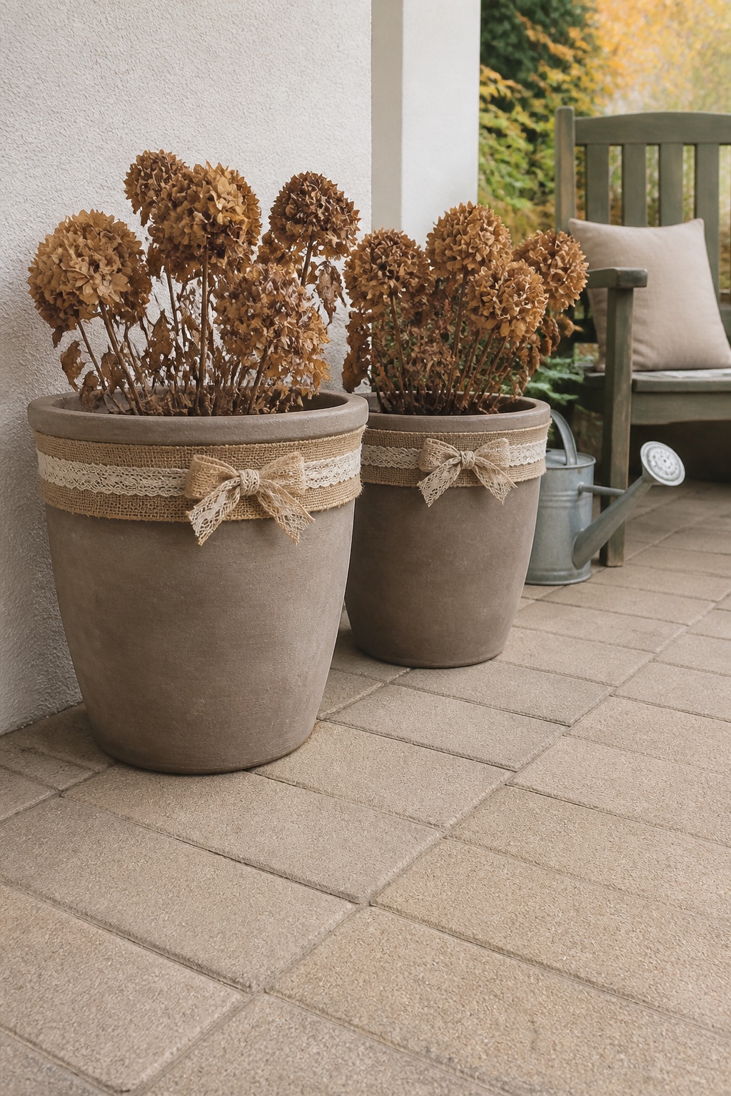 Breites Juteband mit Schleife um zwei geschützte Terrassenpflanzgefäße