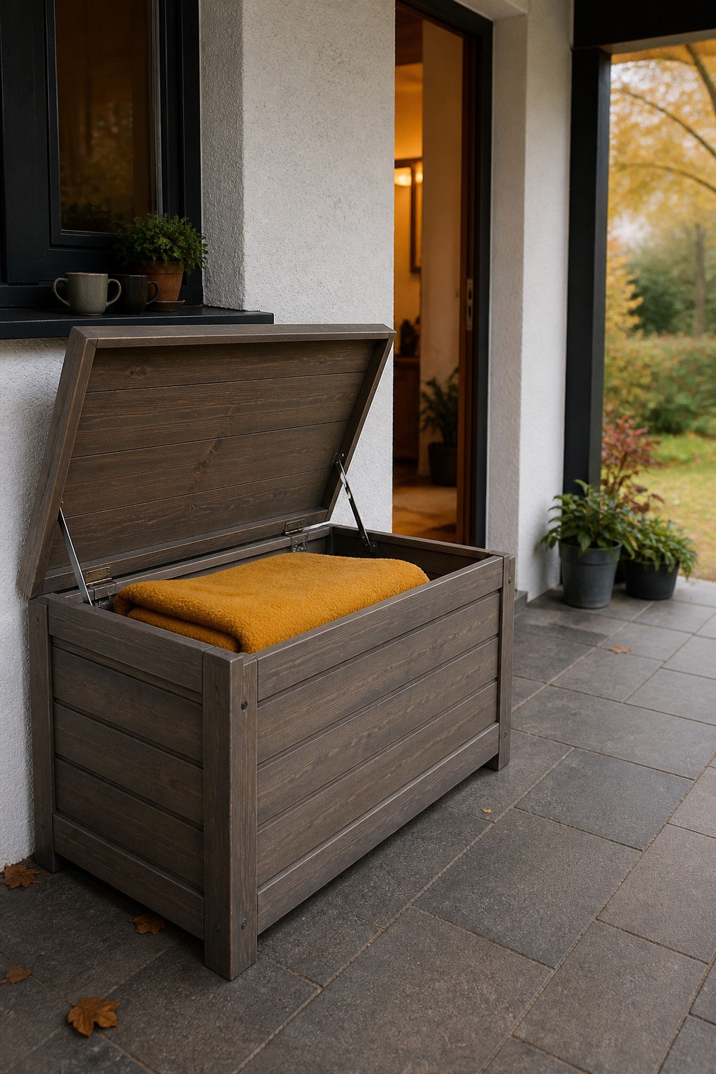 Gefaltete gelbe Decke in einer trockenen Sitzbankbox auf der Terrasse