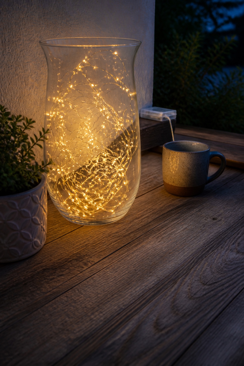 Großes Glaswindlicht mit warmweißer Mikro-Lichterkette auf einem geschützten Terrassentisch