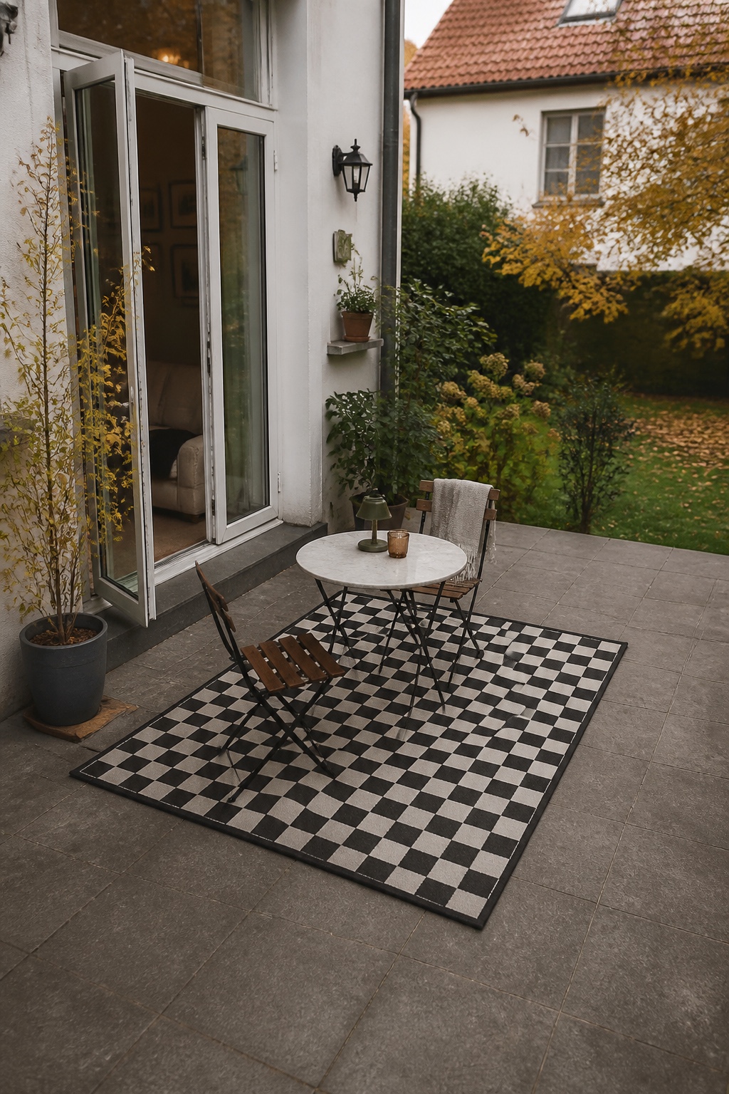 Karierter Outdoor-Teppich unter einer kleinen Terrassensitzgruppe
