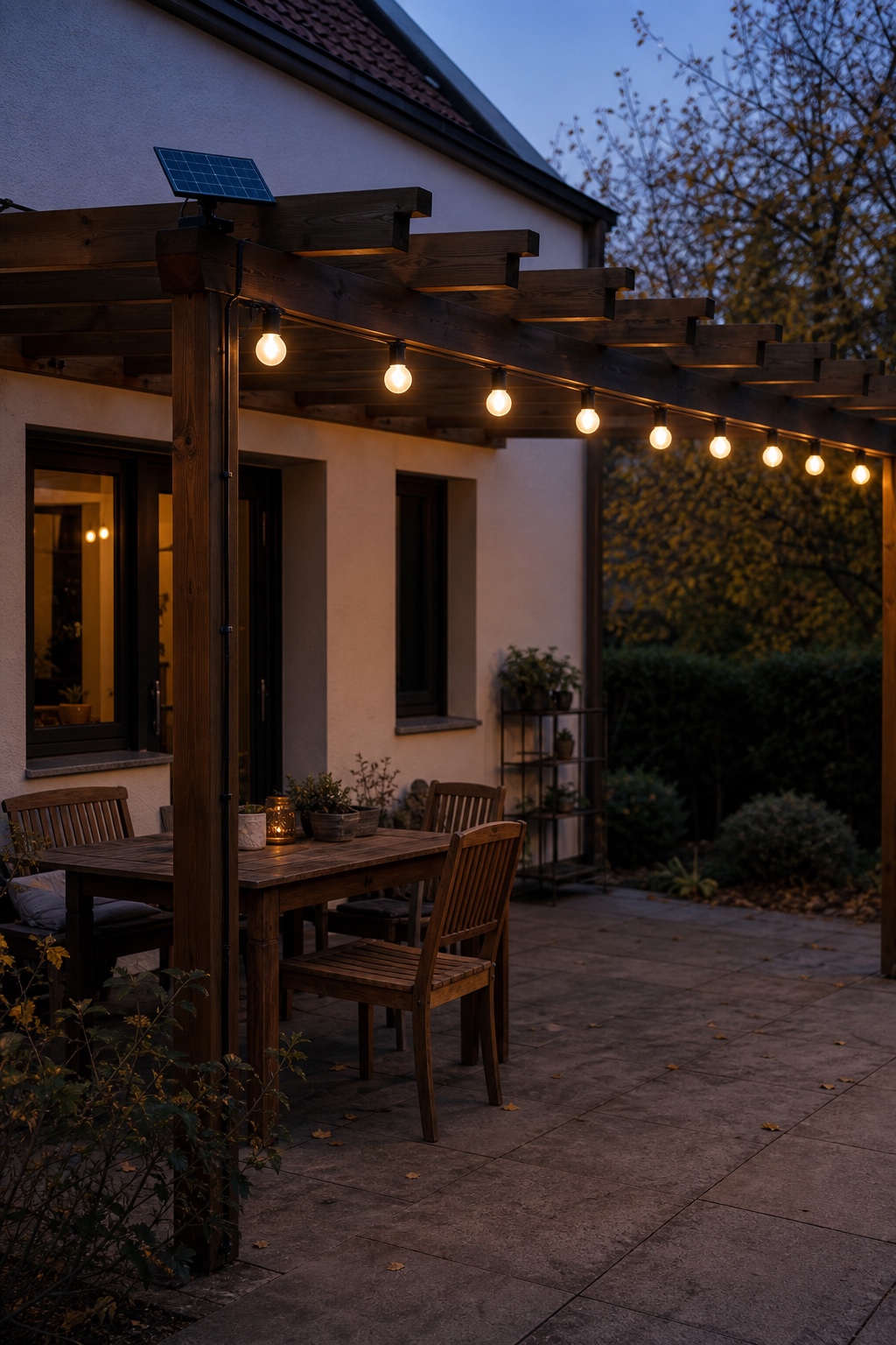 Warmweiße Solar-Lichterkette unter einer hölzernen Terrassenpergola