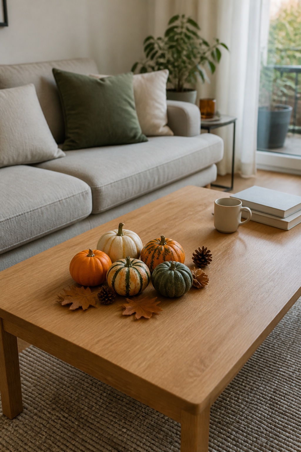 Kleine Dekokürbisse und Herbstblätter auf einem Couchtisch