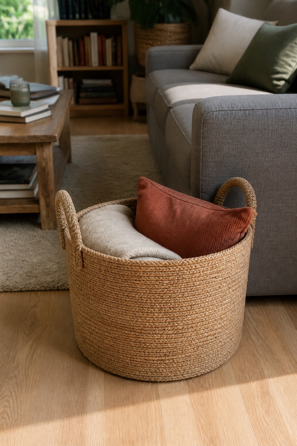 Geflochtener Korb mit Decke und Kissen neben dem Sofa