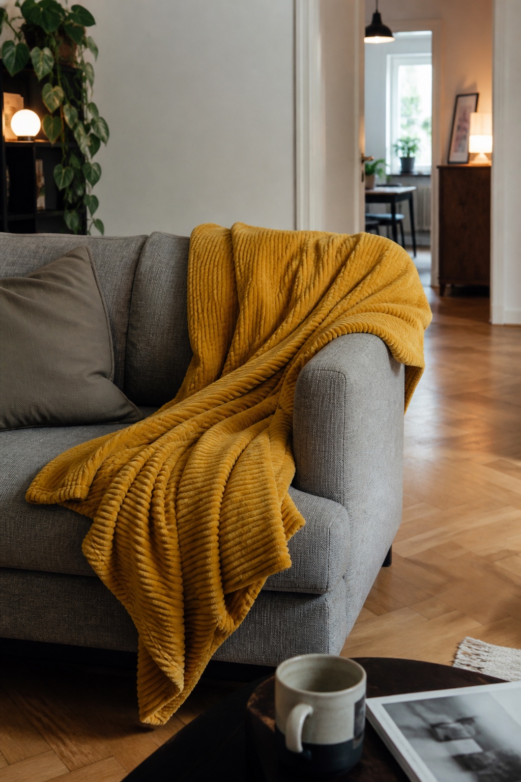 Gelbe Sofadecke über der Armlehne eines grauen Sofas