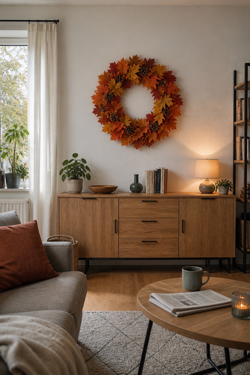 Herbstlicher Blätterkranz über einem Sideboard im bewohnten Wohnzimmer