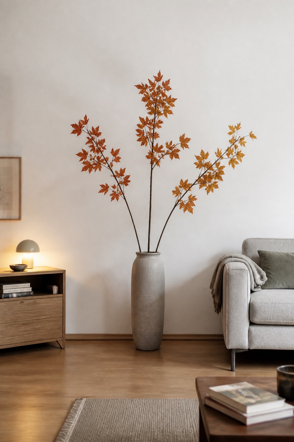 Hohe orange Herbstzweige in einer Bodenvase an einer freien Wohnzimmerwand
