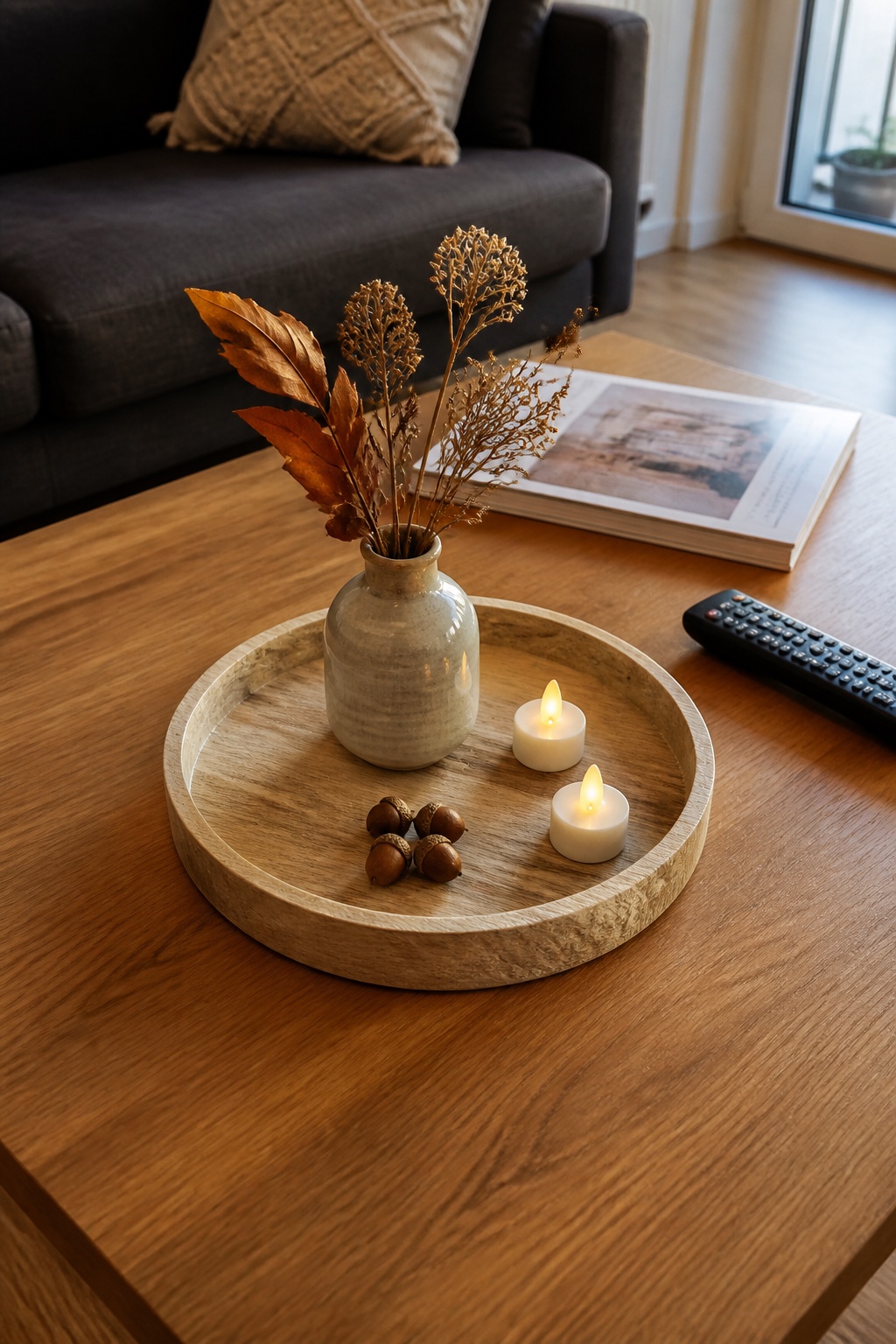 Rundes Holztablett mit Vase und LED-Lichtern auf dem Couchtisch