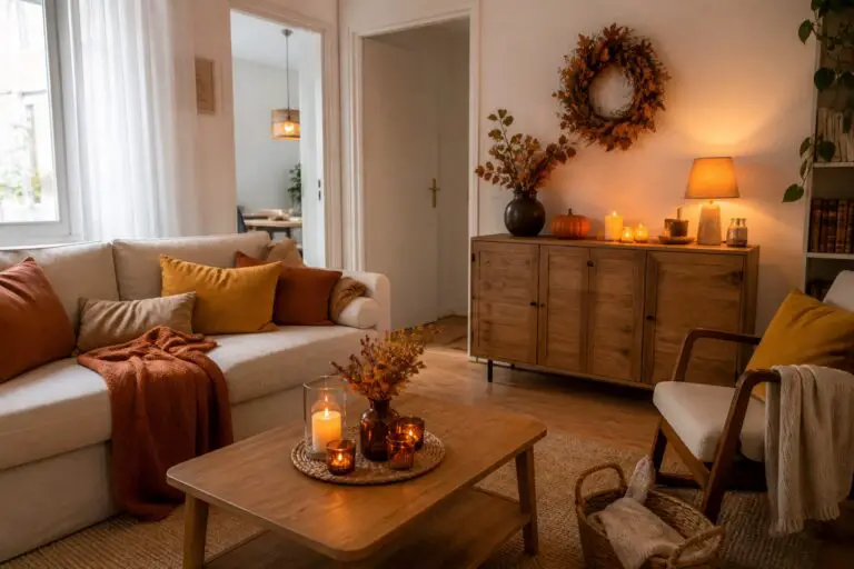 Herbstlich dekoriertes Wohnzimmer mit Sofa, Sideboard und warmem Licht