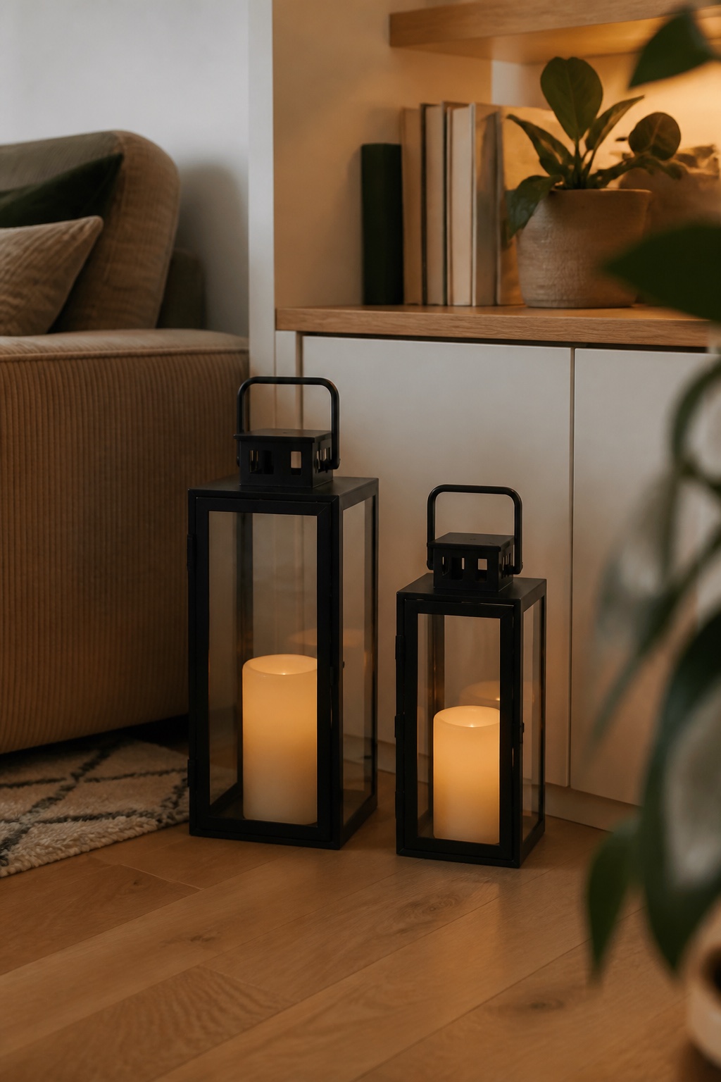 Zwei schwarze LED-Laternen neben einem Sideboard