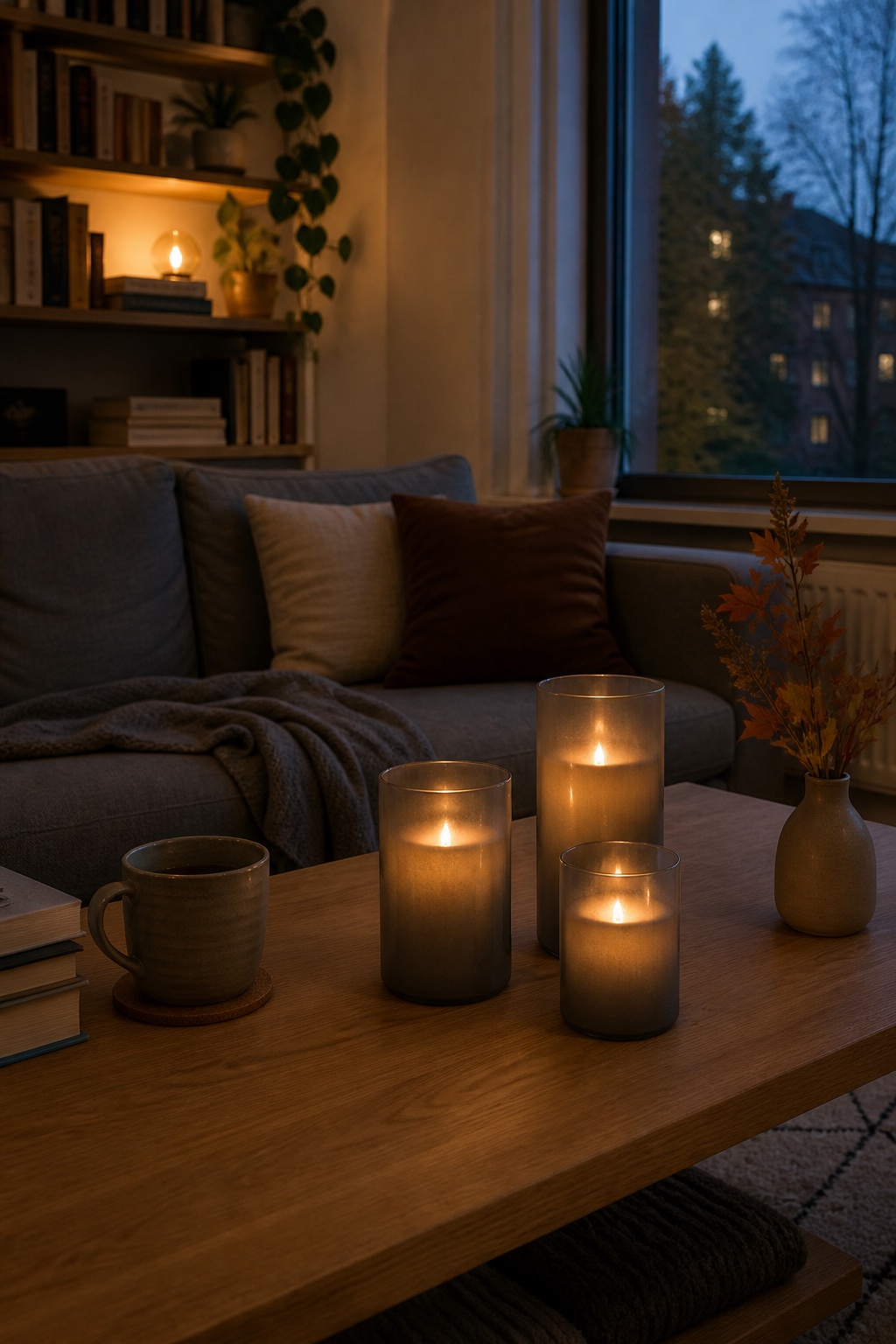 Drei LED-Stumpenkerzen auf einem Couchtisch am Abend
