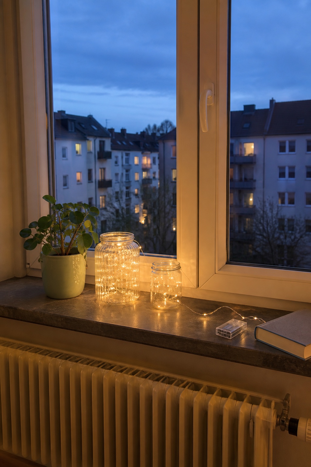 Warmweiße Lichterkette in Glasgefäßen auf der Fensterbank