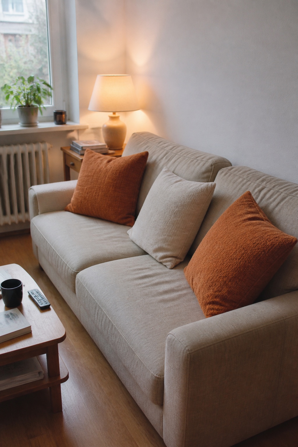 Orange Kissen auf einem hellen Sofa in einer deutschen Wohnung